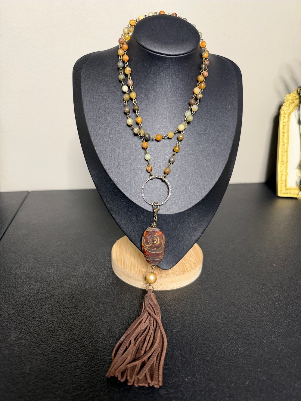 Boho Earthy Stone Multi-Bead Leather Tassel Necklace Brown Stone Pendant
